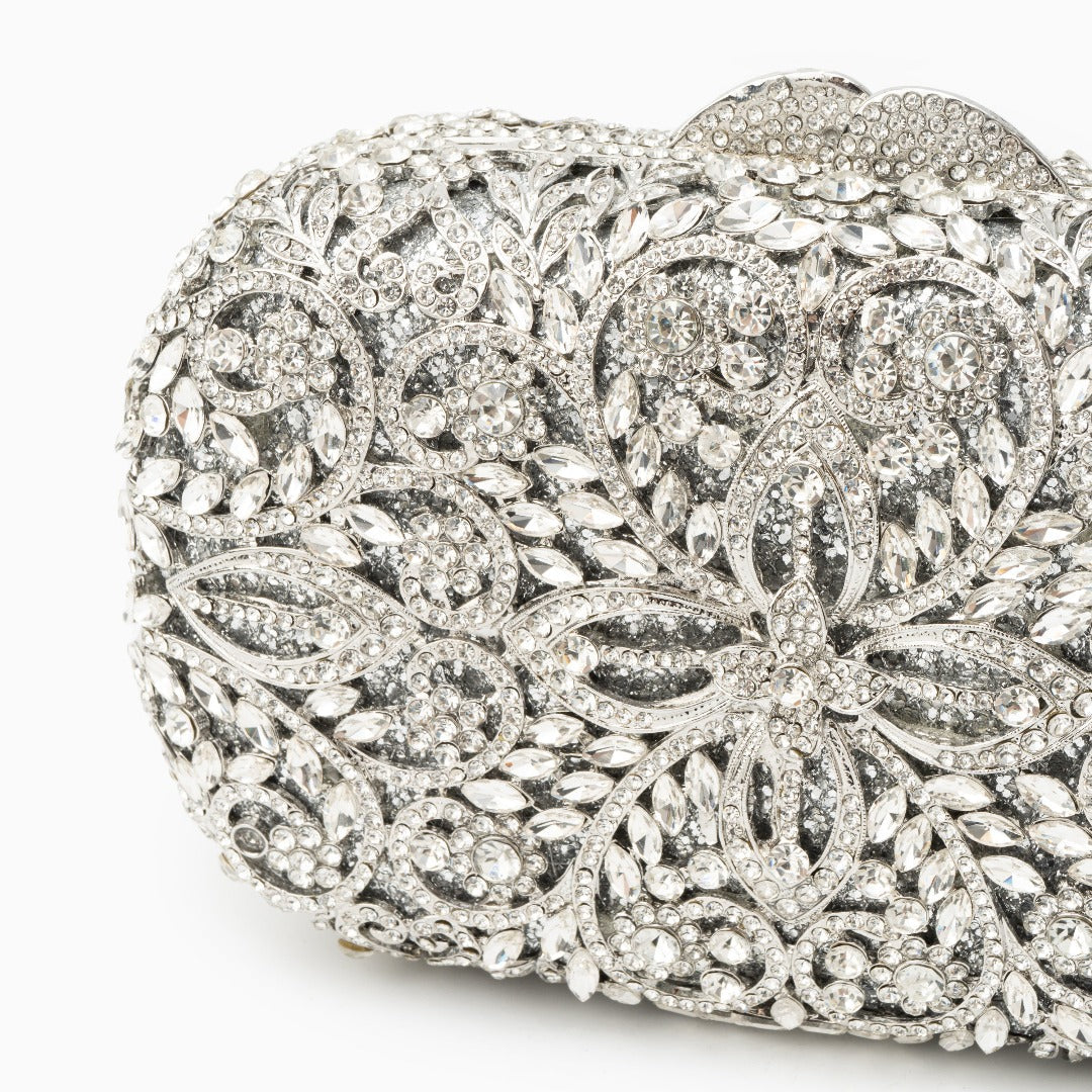 Athena Flower Rhinestones Clutch Bag - Silver